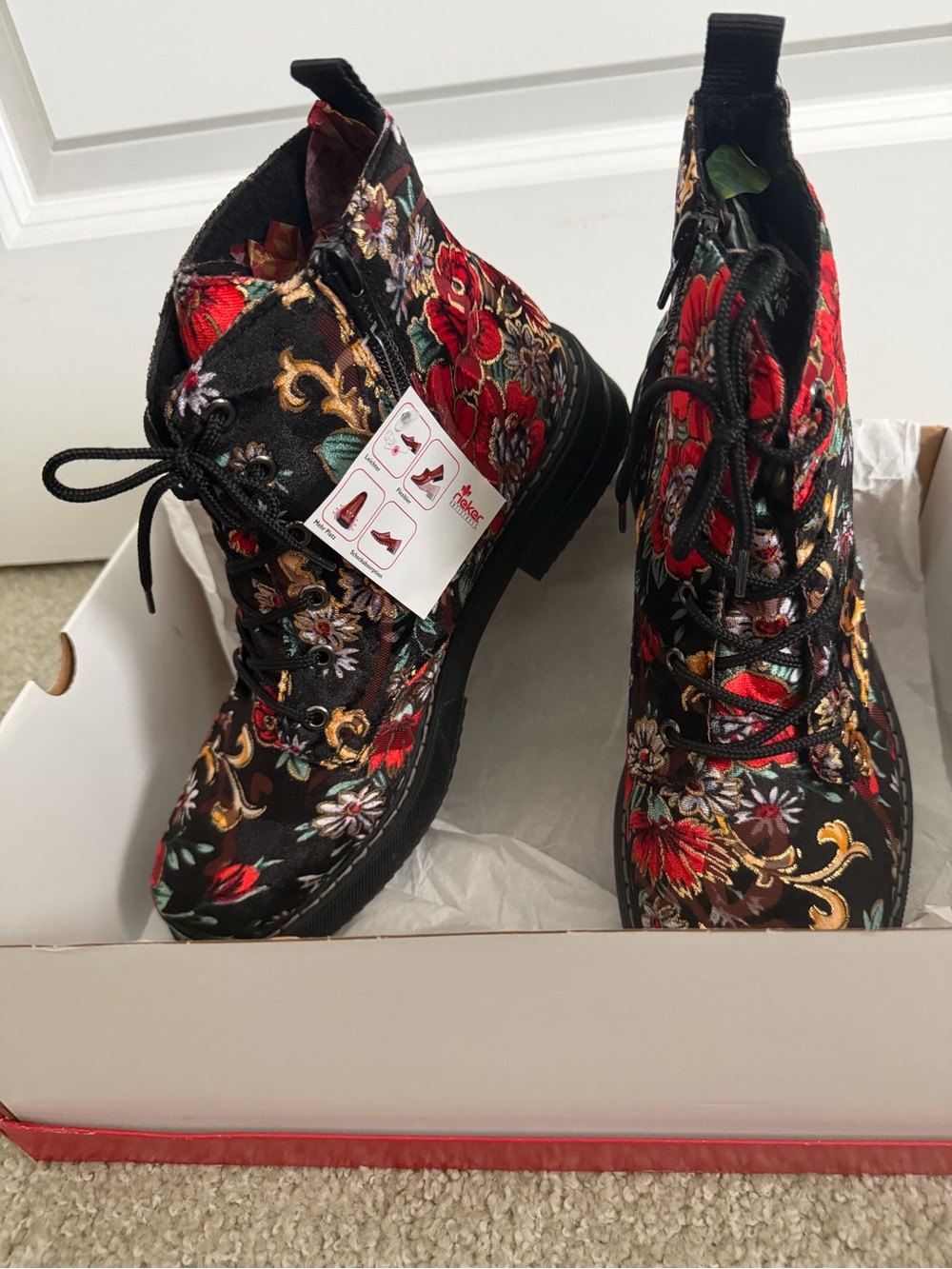 Rieker Anti Stress Black Floral Embroidered Lace-Up Ankle Boots